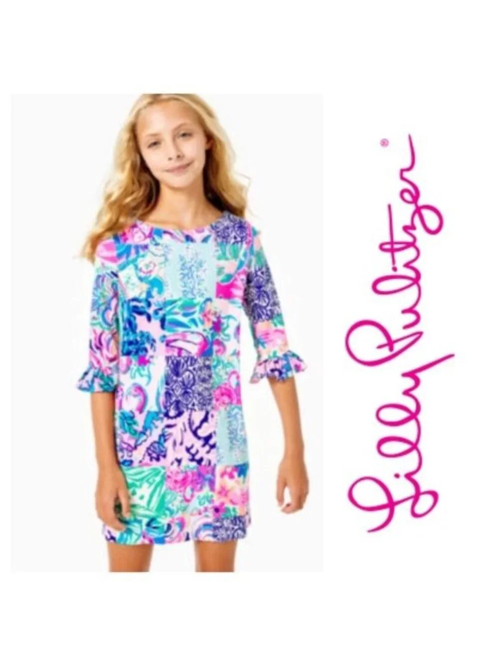 Lilly Pulitzer Girls Mini Sophie Ruffle Dress Patch to Match Size XL 12-14